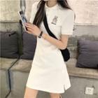 Short-sleeve Collar Bear Embroidered A-line Dress
