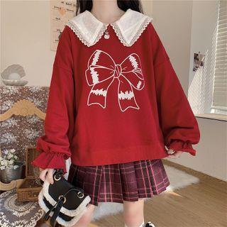 Long-sleeve Lace Collar Blouse / Ribbon Print Sweatshirt
