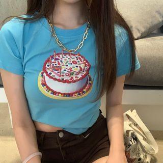 Short-sleeve Cake Print Cropped T-shirt Blue - One Size