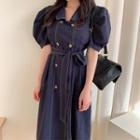 Puff-sleeve Long Coatdress With Sash
