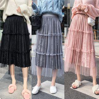 Mesh Overlay Frilled Midi Skirt