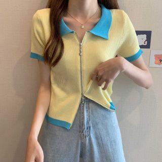 Polo-neck Two-tone Zip-front Cropped Top