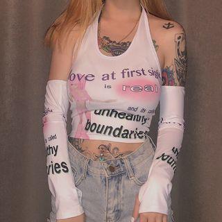 Lettering Halter Crop Top With Sleeve