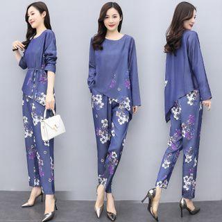 Set: Long-sleeve Floral Print Top + Straight-fit Pants