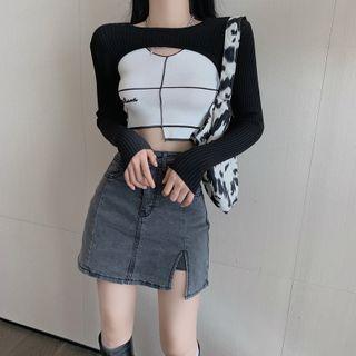 Contrasted Asymmetric Crop Top / Knit Cape Top / Slited Denim Skort