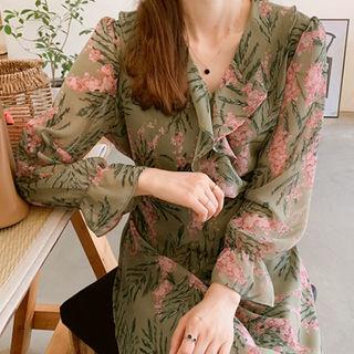 Frilled-detail Tie-waist Floral Print Dress