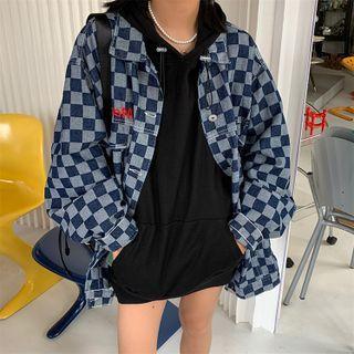 Checkered Button-up Denim Jacket