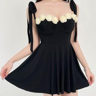 Spaghetti-strap Flower Applique Swim Dress