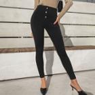 High-waist Button-fly Skinny Pants Black - One Size