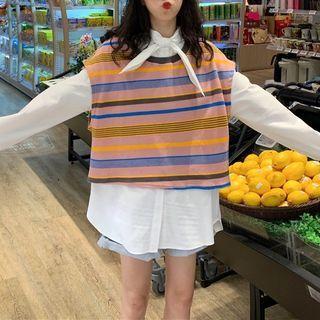 Striped Vest / Ribbon Tie-neck Blouse
