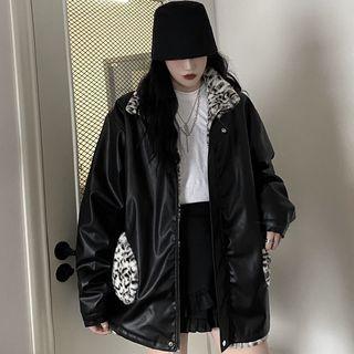 Faux Leather Fleece Zip-up Jacket