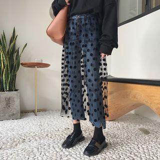Polka Dot Mesh Overlay Straight-cut Jeans