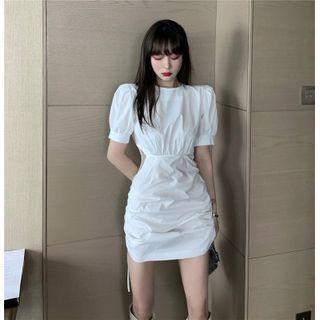 Plain Puff-sleeve Drawstring Mini Sheath Dress