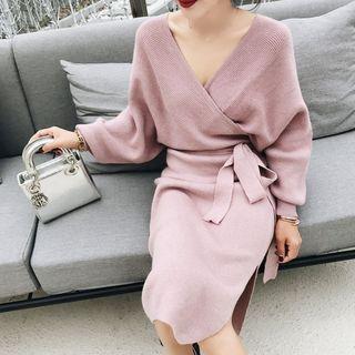 Side Tie Long-sleeve Knitted Sheath Dress Mauve Pink - One Size