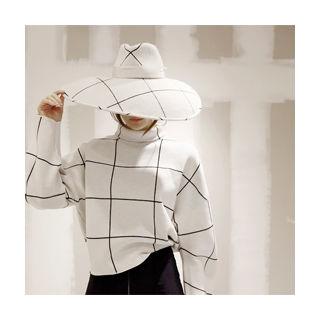 Mock-neck Check Knit Top