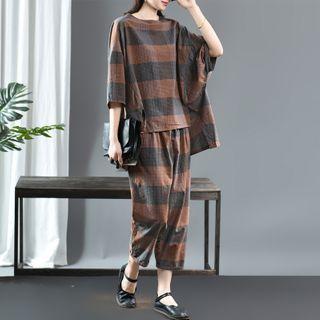 Set: Plaid Elbow-sleeve Linen Top + Cropped Straight-cut Pants