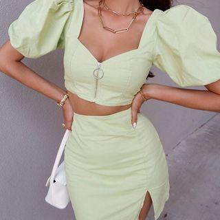 Set: Puff-sleeve Zipped Cropped Blouse + Mini Skirt