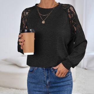 Long-sleeve Cut-out Lace Plain Top