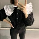 Puff-sleeve Collared Blouse Black - One Size