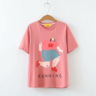 Short-sleeve Cartoon Printed T-shirt Pink - One Size