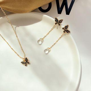 Rhinestone Butterfly Pendant Necklace / Drop Earring