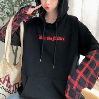 Plaid-sleeve Mock Two-piece Hoodie