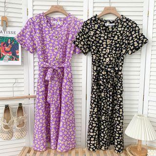 Ruffle-trim Floral Midi Dress With Sash In 10 Colors