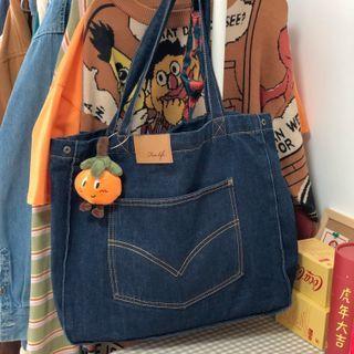 Denim Tote Bag With Badge - Blue - One Size