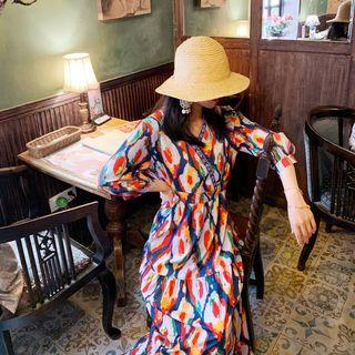 3/4-sleeve Pattern A-line Maxi Dress