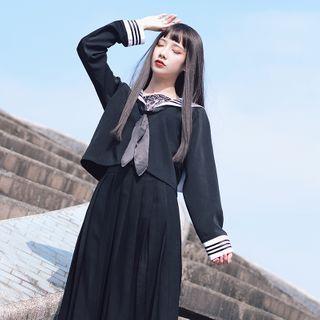 Sailor Collar Long-sleeve T-shirt / Plain Midi A-line Pleated Skirt