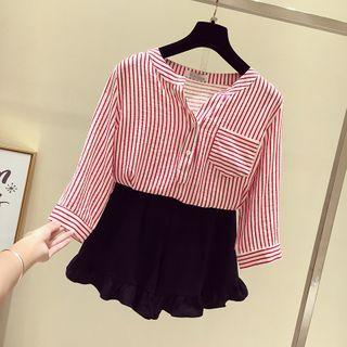 Elbow Sleeve V-neck Striped Blouse