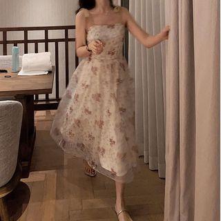 Sleeveless Floral Print Mesh A-line Dress