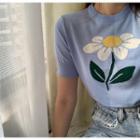Short-sleeve Flower Print Knit Top