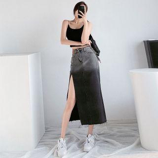 Gradient Side-slit Denim Midi Skirt
