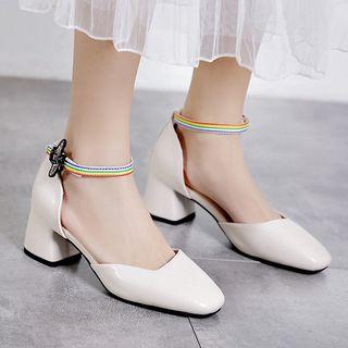 Square Toe Block Heel Rainbow Strap Pumps