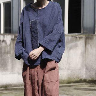 Long-sleeve Embroidered Blouse Distressed Blue - One Size