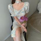 Square-neck Lace Flower Print Dress