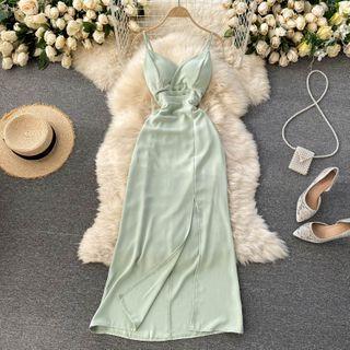 Spaghetti-strap Single Slit Midi A-line Dress