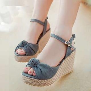 Denim Bow-accent Wedge Sandals