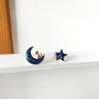 Cat Moon & Star Asymmetrical Alloy Dangle Earring 1 Pair - S925 Silver Needle - Earring - Blue - One Size