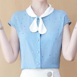 Cap-sleeve Dotted Beaded Chiffon Top