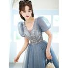 Puff-sleeve Sequin A-line Cocktail Dress