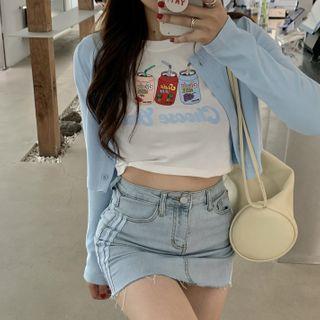 Cropped Cardigan / Short-sleeve Print Cropped T-shirt