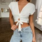 Tie-front Short-sleeve V-neck Twisted T-shirt
