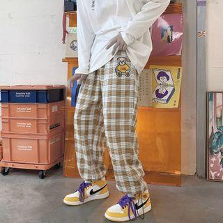 High-waist Bear Embroidered Plaid Pants