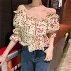 3/4-sleeve Cold Shoulder Patterned Ruffled Chiffon Top