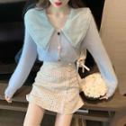 Plain Peter-pan Collar Lace Top / Plain Loose-fit Single-breasted Long-sleeve Knit Cardigan / High-waist A-line Skirt