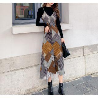Long-sleeve Top / Plaid Midi A-line Overall Dress / Set