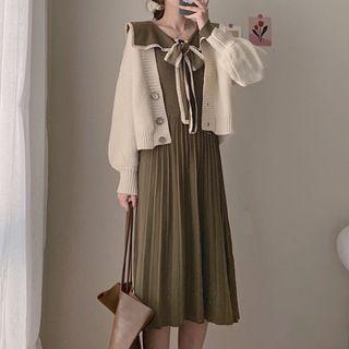Bow-neck Knit Midi A-line Dress / Cardigan / Set