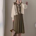 Bow-neck Knit Midi A-line Dress / Cardigan / Set